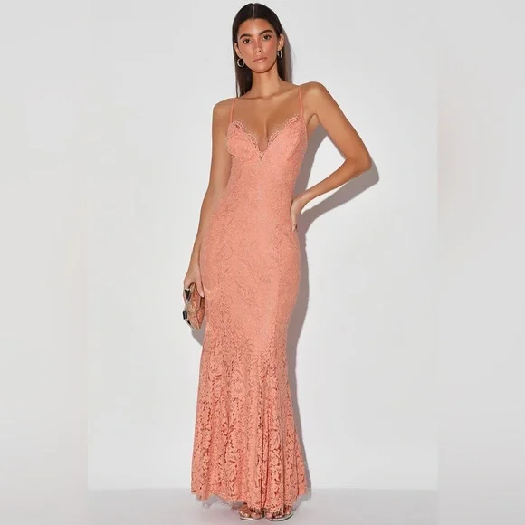 Lulus | Dresses | Lulus Ask Me To Dance Peach Silver Lace Prom Homecoming  Gown Maxi Dress Xl | Poshmark